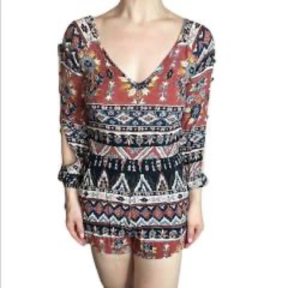 Billabong Tribal Terracotta Romper Boho Open Back w/Tie Brown Black White Size S